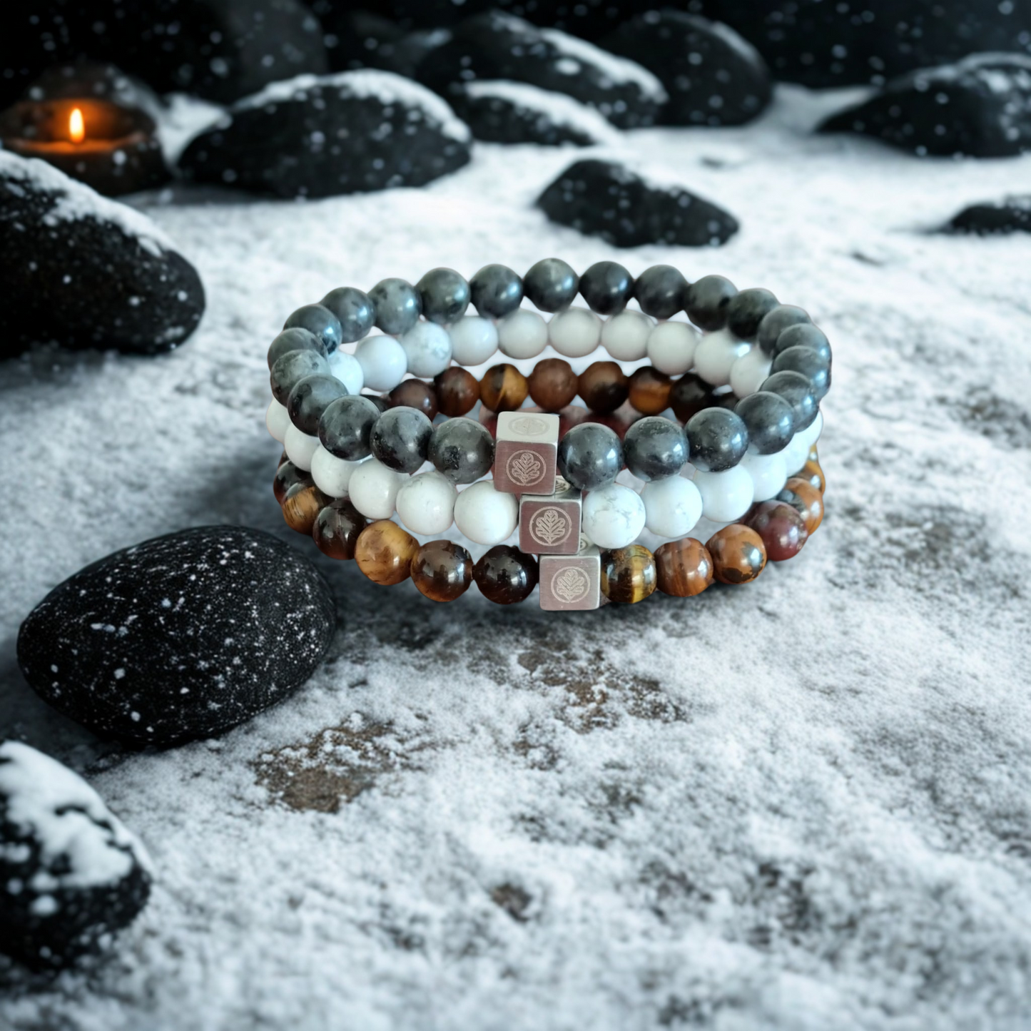 Iron & Oak Amsterdam - Le Set Élémentaire – Howlite, Œil de Tigre & Labradorite